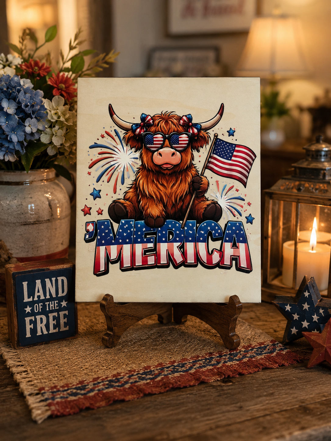 🇺🇸 Patriotic Highland Cow Table Sign – Rustic Farmhouse Americana Decor
