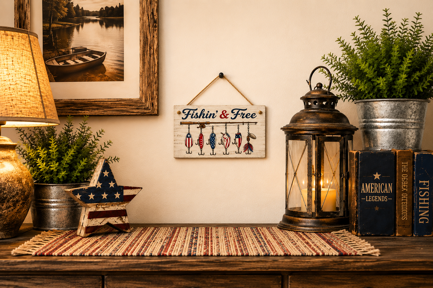 🎣 Fishin’ & Free Patriotic Fishing Sign – Rustic Lake House & Cabin Wall Decor