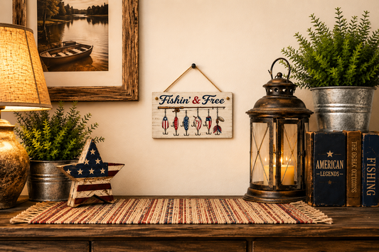🎣 Fishin’ & Free Patriotic Fishing Sign – Rustic Lake House & Cabin Wall Decor