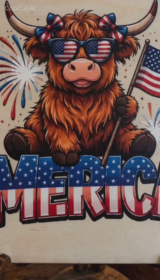 🇺🇸 Patriotic Highland Cow Table Sign – Rustic Farmhouse Americana Decor